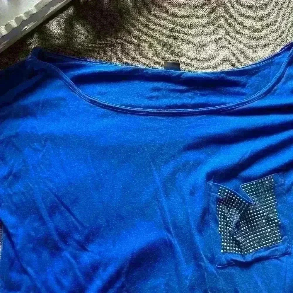 Armani Exchange Bright Blue White Neck T-Shirt with Rhinestone Pocket De…